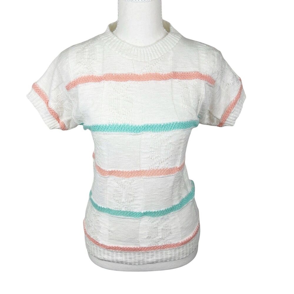 Vintage Christine Stevens Sweater Women Small White Pastel Stripe Short Sleeve